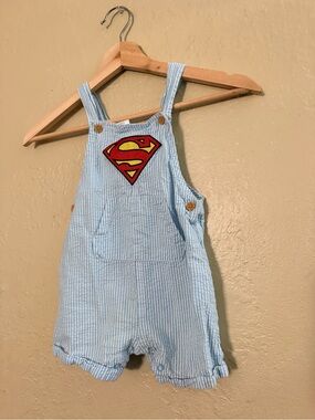DC Comics Light Blue Seersucker Overalls with Red and Yellow Superman Patch